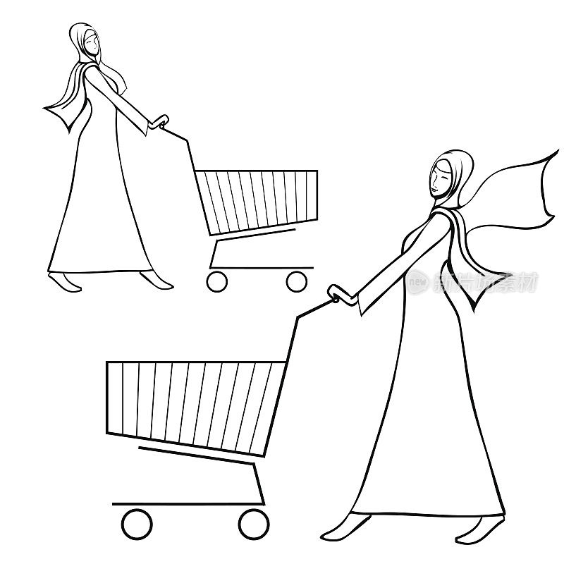 穿着阿拉伯长袍的妇女推着购物车