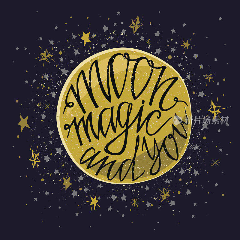 月亮魔法和你的问候，手写的背景与星星。