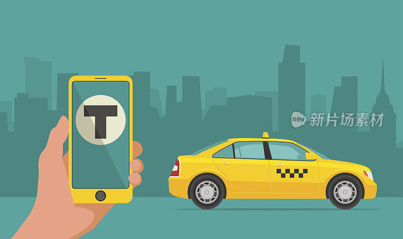 手机界面与出租车的屏幕背景城市。