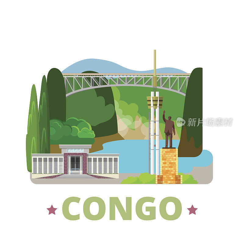刚果国家设计模板。平面卡通风格的历史景观网站矢量插图。世界度假旅行非洲收藏。利文斯通瀑布大学金沙萨纪念碑帕特里斯·卢蒙巴。