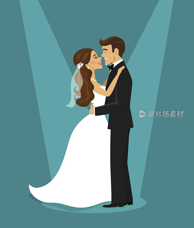 刚刚结婚的幸福夫妇新娘和新郎互相拥抱矢量插图