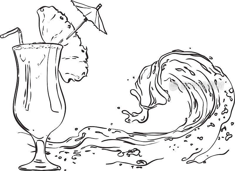 手绘水果鸡尾酒在一个高脚杯和一把伞。在海浪飞溅的背景下
