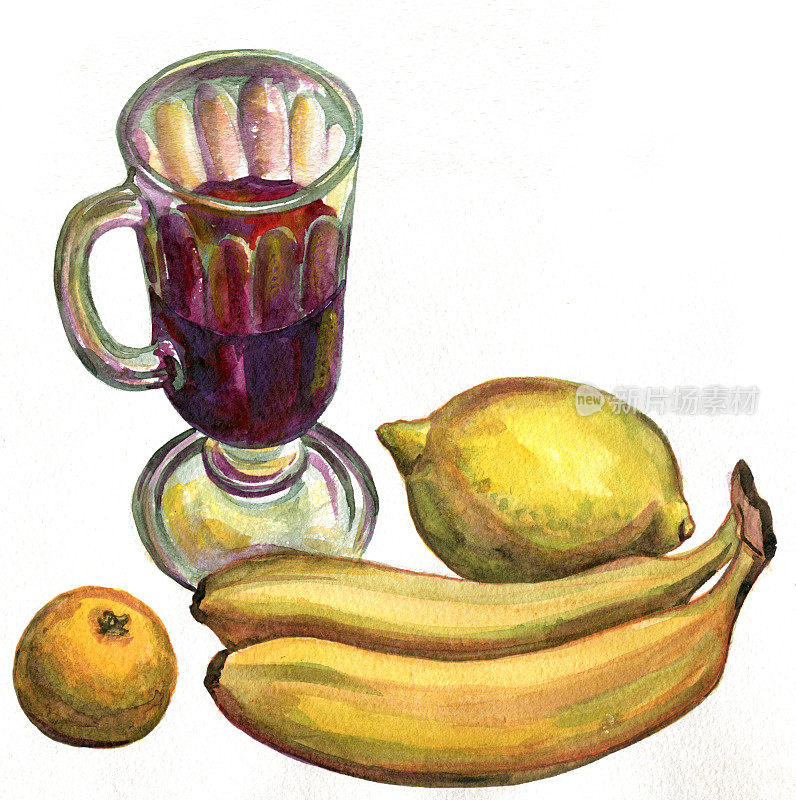 热红酒，香蕉，柠檬和桔子。水彩画