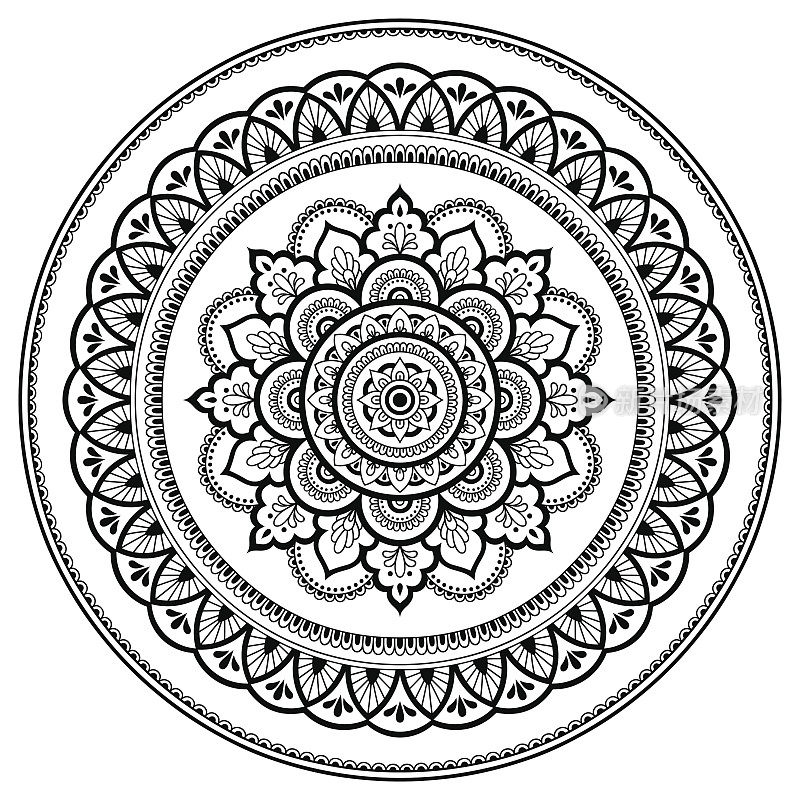 曼荼罗形式的圆形图案。指甲花纹身曼荼罗。手绘风格。东方风格的装饰图案。彩色书页面。