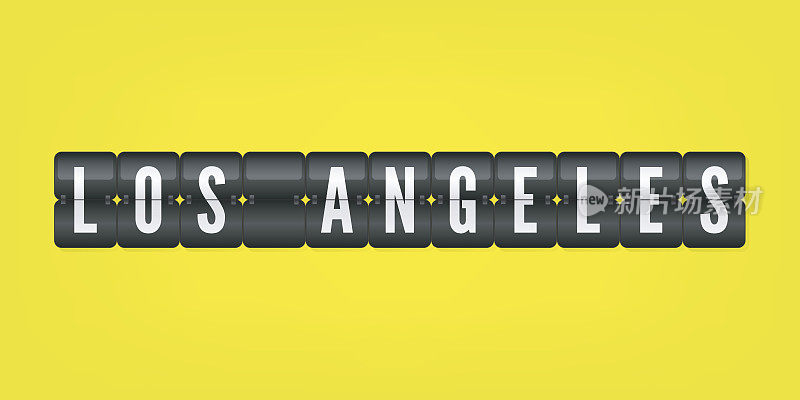 美国洛杉矶市翻转标志孤立。矢量记分牌图标插图。加州国际机场黄色背景上的黑白标志