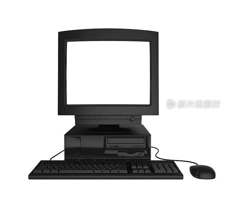 老式台式电脑与一个空白的白色屏幕显示器，键盘和鼠标隔离