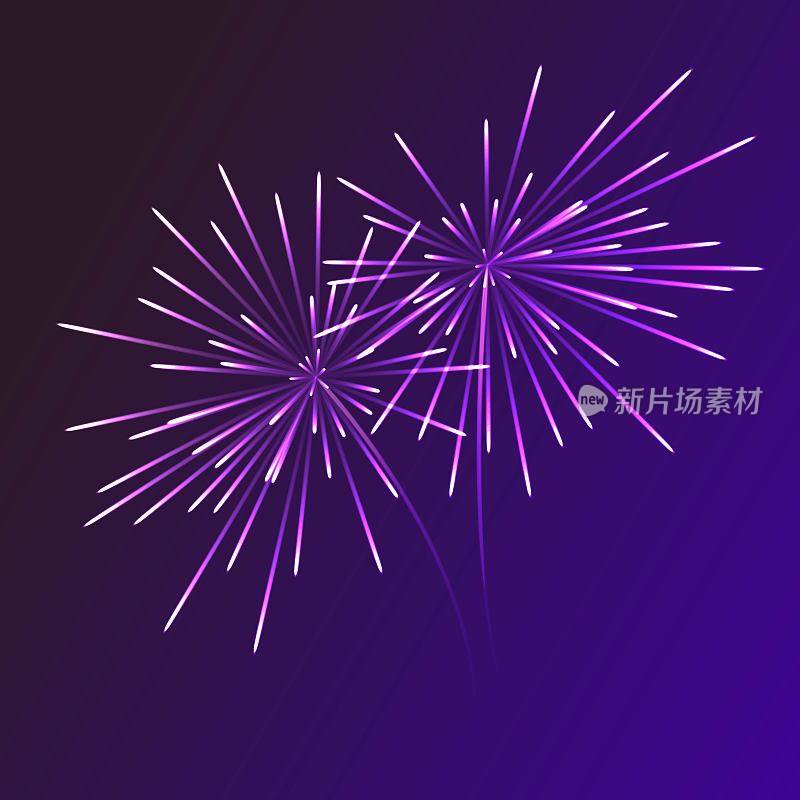 抽象的蓝色烟花爆炸在透明的背景。新年庆祝焰火。黑色背景上的节日烟花。矢量插图。