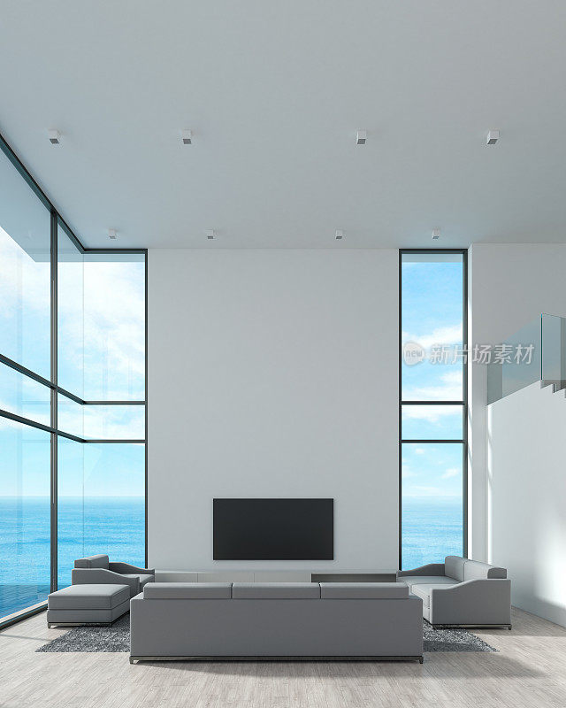 现代室内客厅双人空间，沙发设置海滩窗视图。白墙木地板阁楼风格的模型灯，电视，相框。海景夏季3d渲染