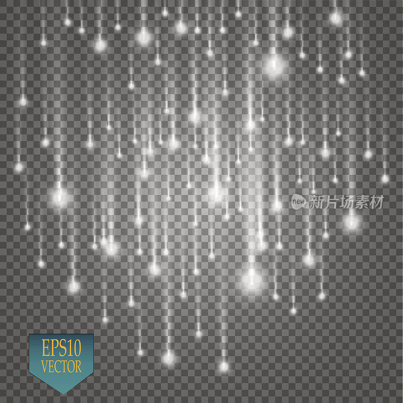矢量雨彗星孤立在透明的背景。灯。神奇的概念。矢量白色闪光波抽象插图。白色星尘尾随着孤立的闪闪发光的粒子。向量