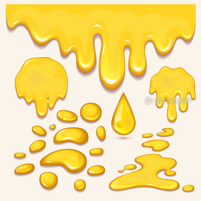 一套橙色蜂蜜滴和黄色飞溅健康糖浆金色食品液体滴矢量插图