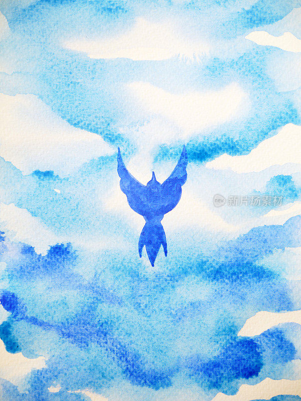 自由飞翔的小鸟，用开阔的天空放松心灵，抽象水彩画设计插画背景