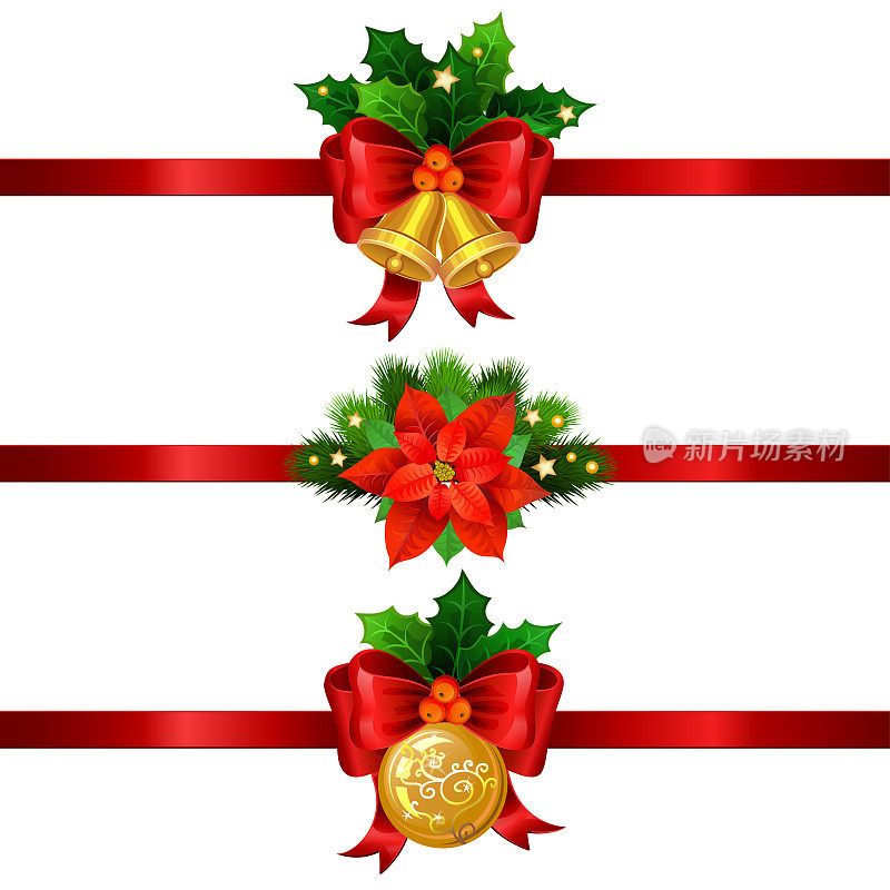 圣诞节日用金铃装饰，圣诞星和带蝴蝶结的球。矢量插图。