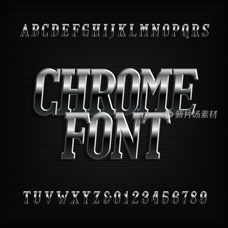 Chrome效果字母字体。金属斜字母、数字和符号。