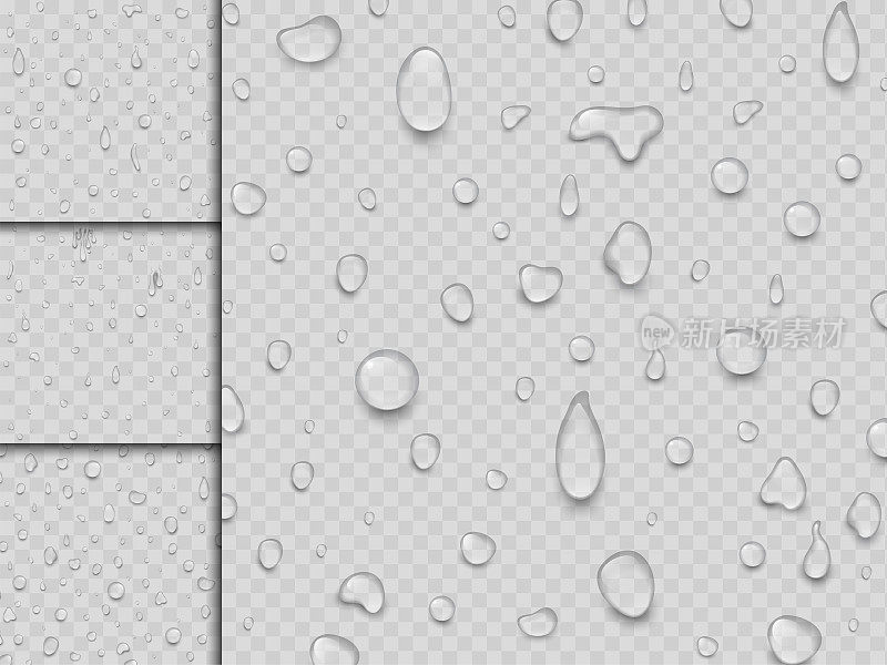 真实的矢量水滴液体透明雨滴飞溅背景插图