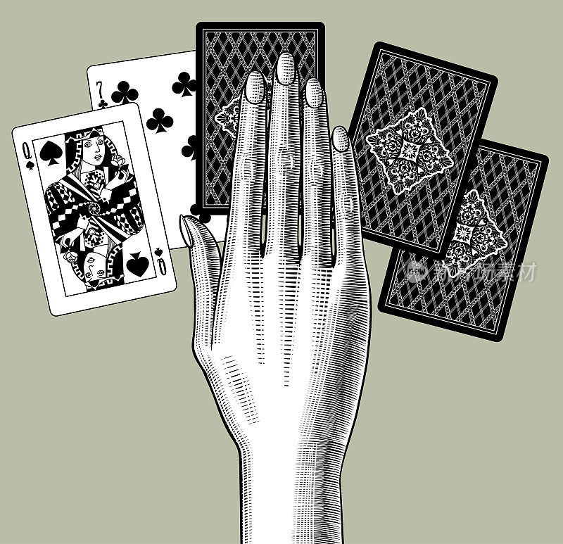女人的手摊开扑克牌扇子。复古雕刻风格化绘图