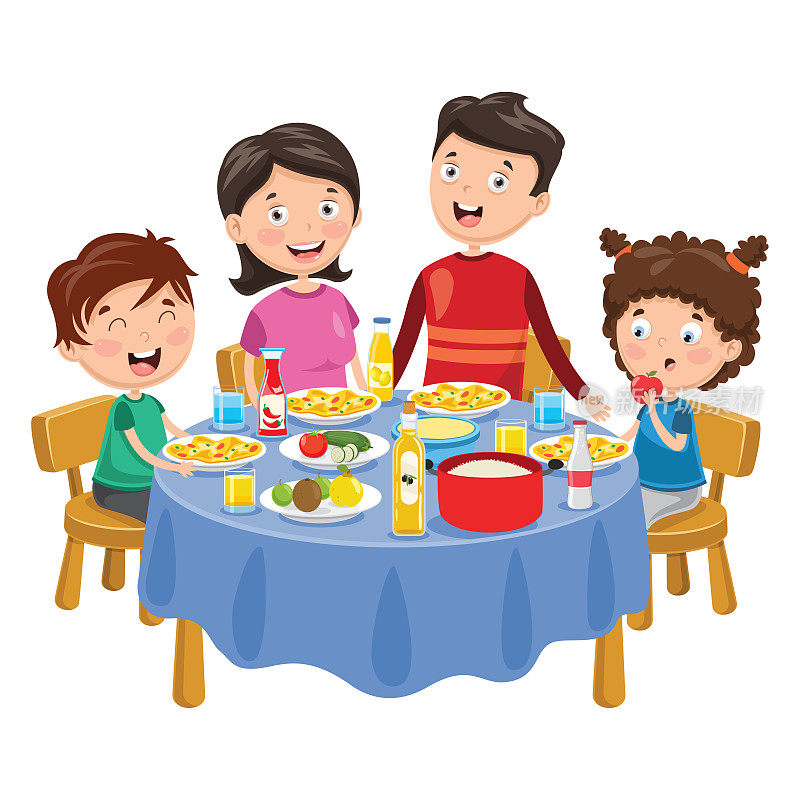 矢量插图的家庭有晚餐