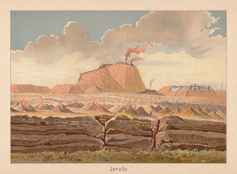 乔鲁罗火山，火山渣锥，Michoacán，墨西哥，色版画，1892年出版