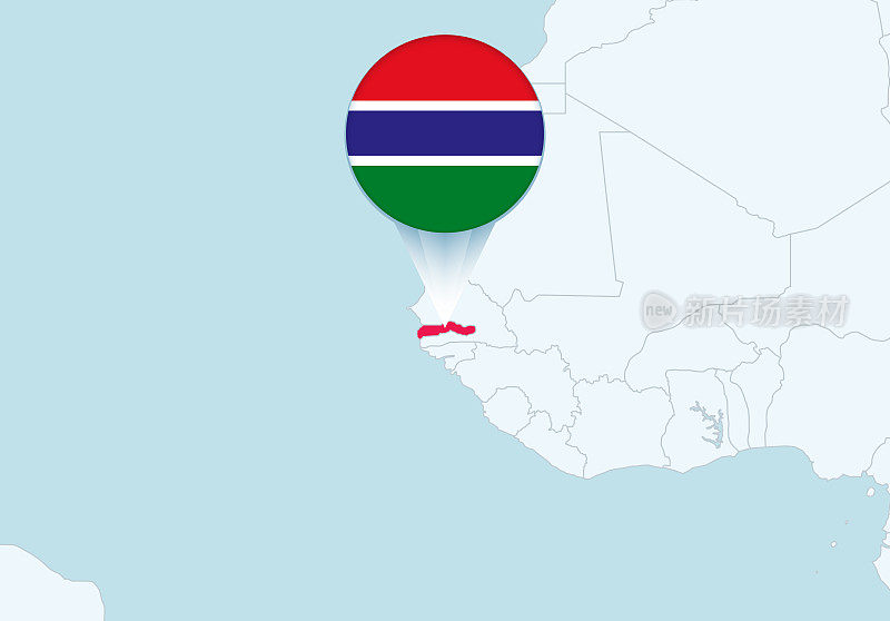 非洲与选定的冈比亚地图和冈比亚旗帜图标。