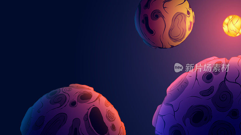 手绘3d空间海报插图-小行星,行星和恒星。