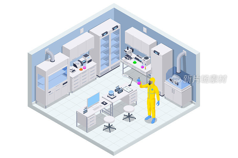 等距化学实验室概念。实验室助理工作在科学、医学、化学或生物实验室设置的实验。