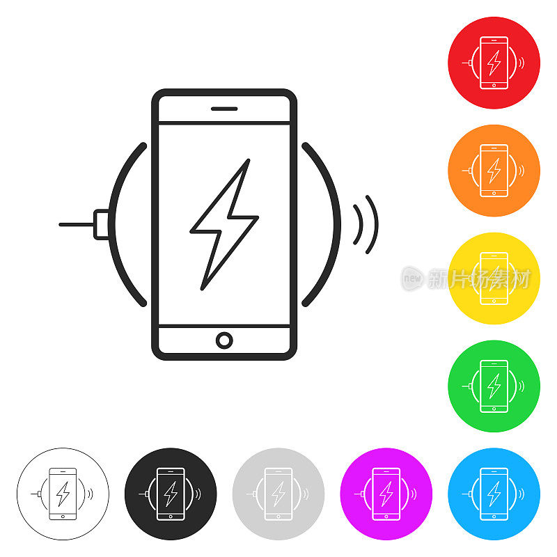 智能手机用无线充电器充电。彩色按钮上的图标