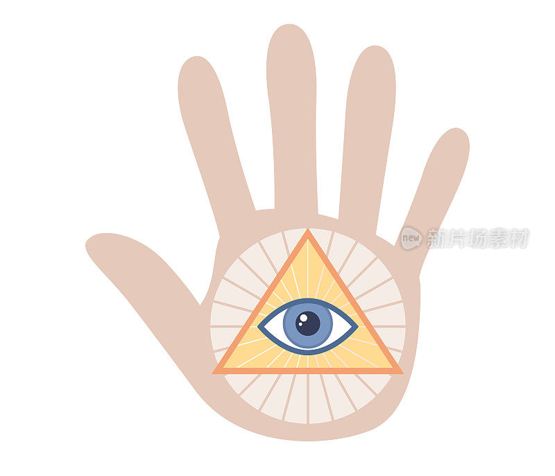 光明会的符号图标。神秘的手和上帝的所有眼睛在神圣的几何三角形符号。矢量平面插图
