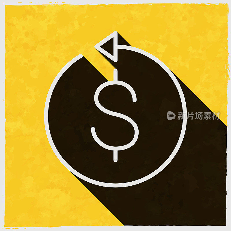 美元与反向箭头。图标与长阴影的纹理黄色背景