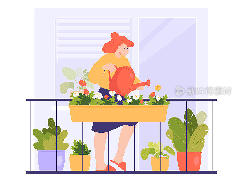 年轻的卡通女人在阳台上浇花和绿色植物