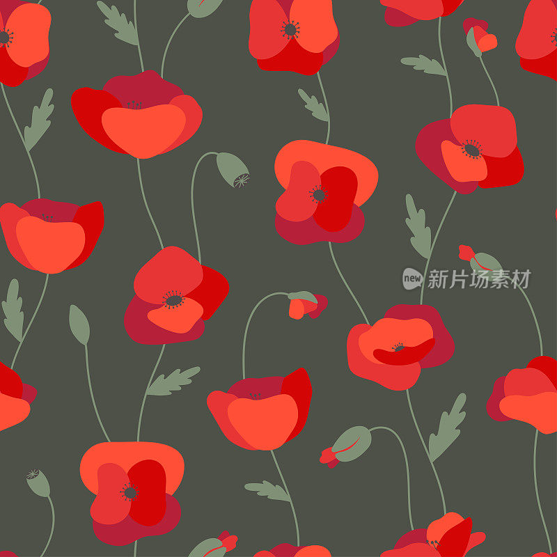 手绘罂粟无缝图案。棕色背景下的红色花朵和花蕾。用于纺织品、包装纸、礼品纸、织物的花卉印花设计。