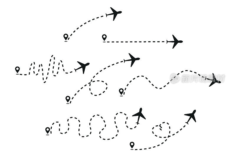 飞机虚线线路飞机的路线。飞机飞行轨迹的起点和虚线轨迹的飞机航线。飞机，旅行，地图别针，位置别针。矢量图
