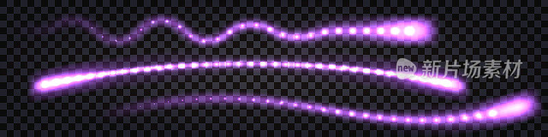 紫色氖波漩涡，激光束，发光的光迹。电霹雳，动态脉冲，闪电冲击和火花。孤立的透明设计元素，矢量插图