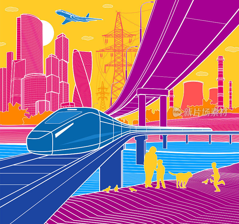 彩色基础设施城镇插图。火车在桥上行驶。汽车天桥。彩色背景的现代城市，高楼大厦，商业大厦。矢量设计艺术