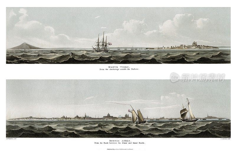 蒙特维迪亚，从港口外的锚地到布宜诺斯艾利斯，从外部和内部道路之间的河岸，由布宜诺斯艾利斯和蒙特维迪亚1820年的风景如画的插图。