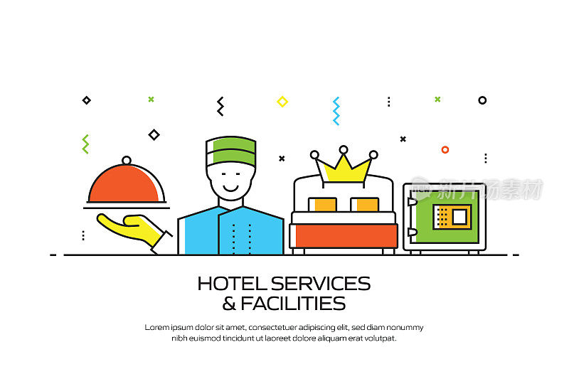 酒店服务和设施相关的线风格横幅设计网页，标题，小册子，年度报告和书籍封面