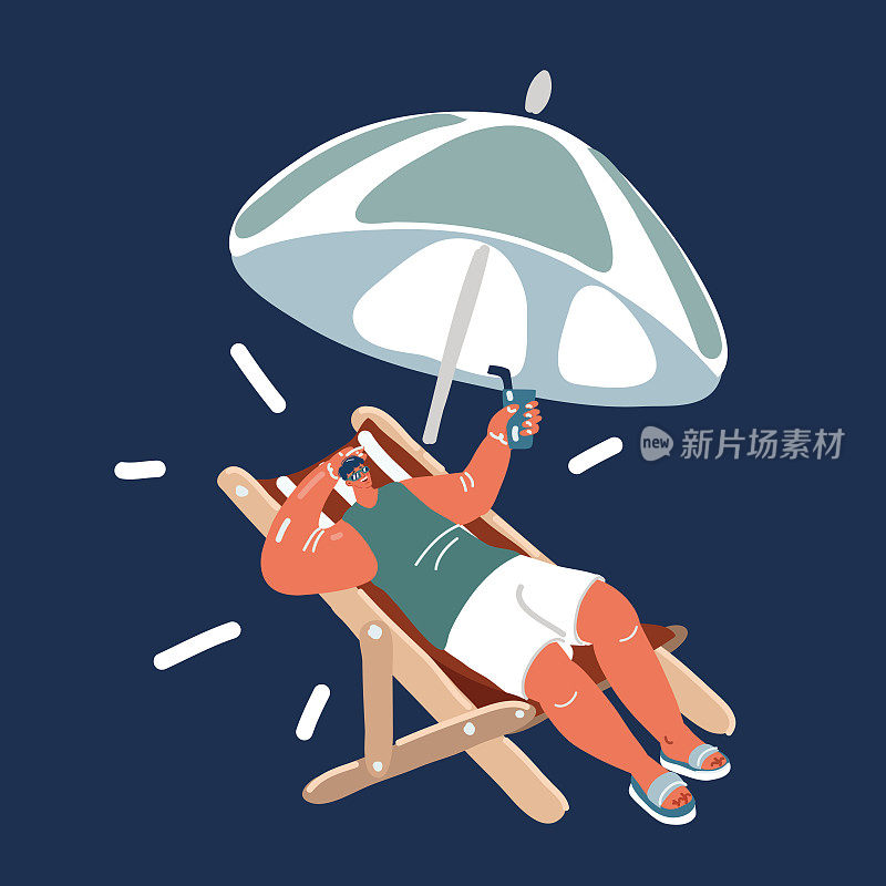 卡通矢量插图男子在海滩暑假假期放松在阳光下
