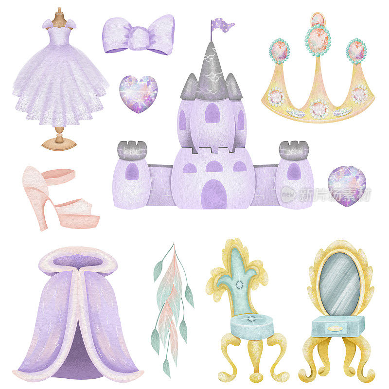 一套水彩公主元素，紫色公主连衣裙，城堡，皇冠等，孤立的插图在白色背景，婴儿淋浴女孩剪贴画，生日剪贴画
