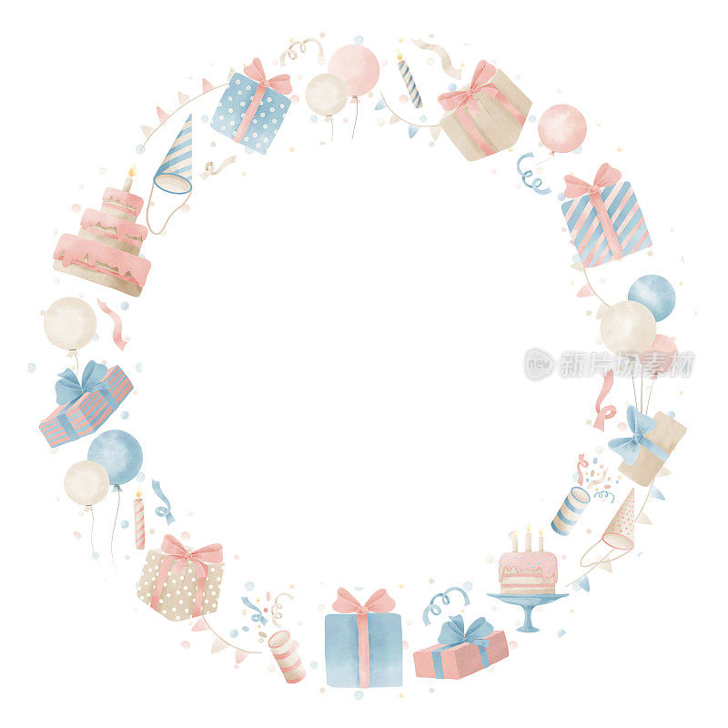 生日快乐的圆框。水彩手绘模板与气球和礼物庆祝。在孤立的背景上用蛋糕和花环作贺卡或邀请的插图