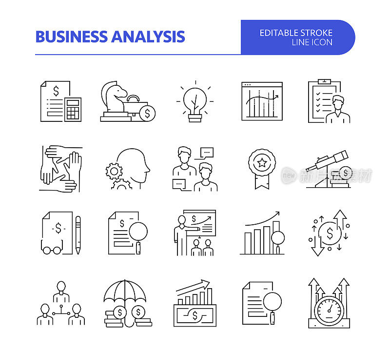 业务分析相关线向量图标集。可编辑的中风。业务，分析，数据，战略，会议，报告。