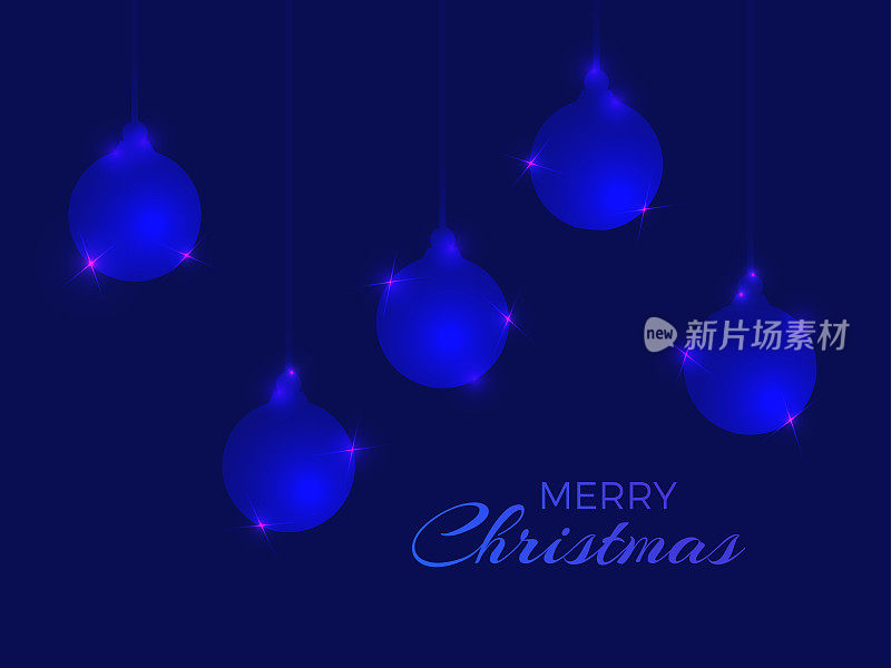 圣诞快乐。挂着闪闪发光的蓝色圣诞球。闪亮的圣诞球。圣诞贺卡，邀请和横幅设计。矢量图