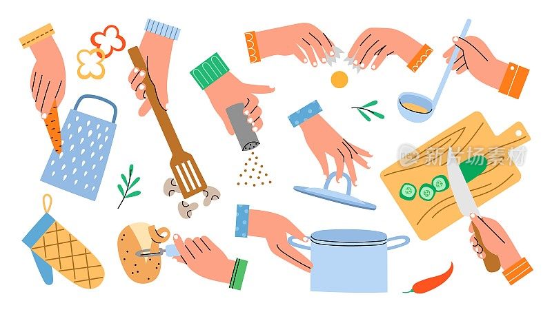 人的手臂拿着厨房用具。准备食物的过程，手切菜上船，削土豆皮，烹饪时间，矢量设定