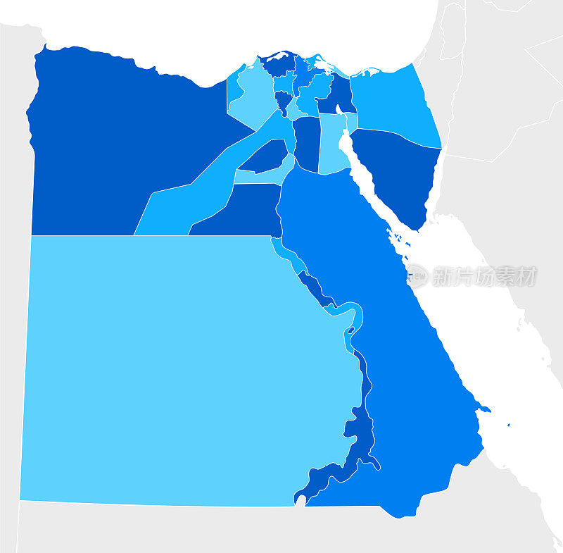 高度详细的埃及蓝色地图与地区和国家边界