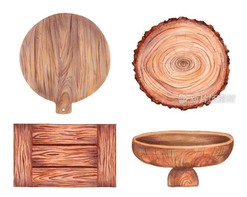 一套木器。砧板、树桩、盒、碗。带有裂缝和纹理的木材纹理。天然材料。