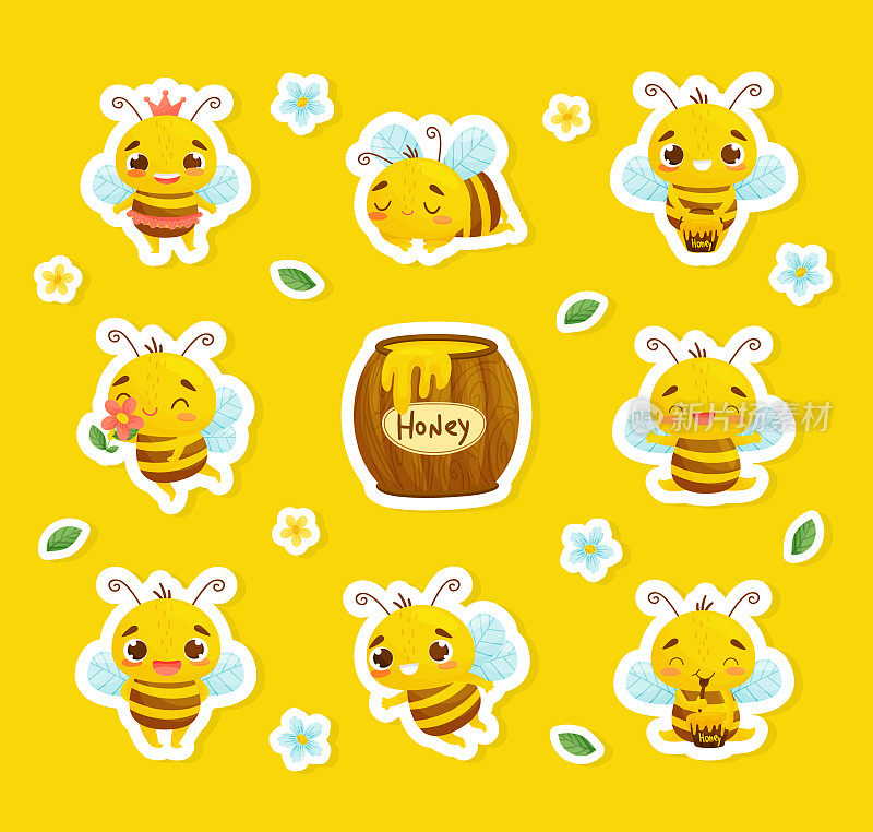 可爱的蜜蜂贴纸与繁忙的昆虫和天然甜食在锅矢量集