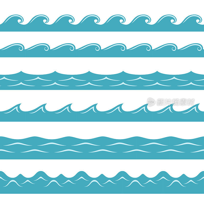 矢量海或海洋。简单的平面插图，蓝色波浪孤立在白色。无缝海纹、边框、边框。一组设计元素。