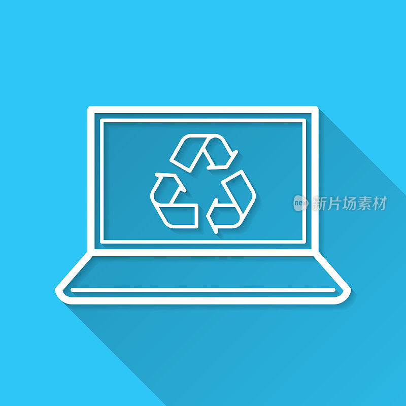 笔记本电脑的回收符号。图标在蓝色背景-平面设计与长阴影