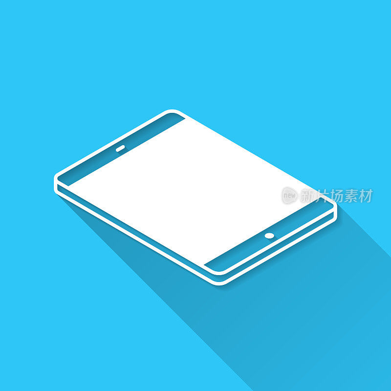 等距平板电脑-平面位置。图标在蓝色背景-平面设计与长阴影