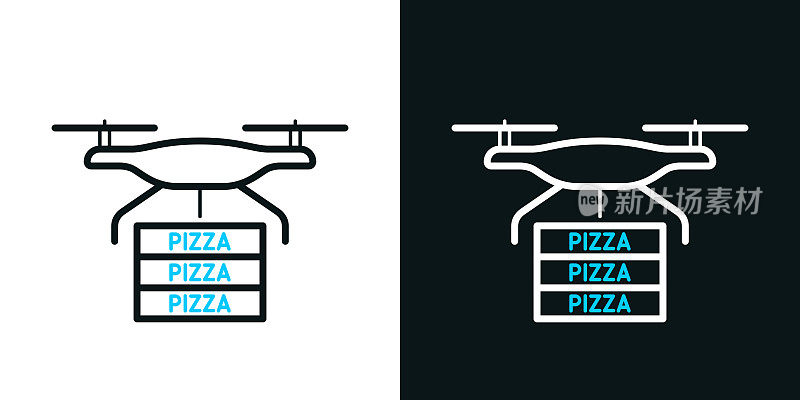 送披萨外卖的无人机。黑色或白色背景上的双色线图标-可编辑的笔画