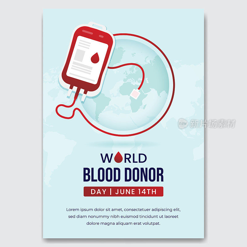 世界献血者日6月14日与血袋和全球插图传单设计