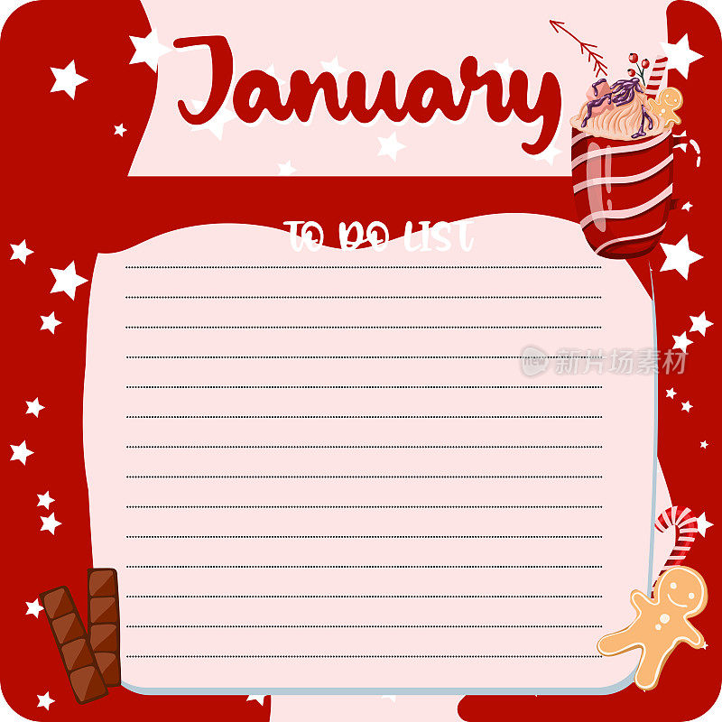 一月每月计划，每周计划，习惯跟踪模板和示例。模板议程，时间表，计划，清单，子弹日记，笔记本和其他文具。圣诞可可主题
