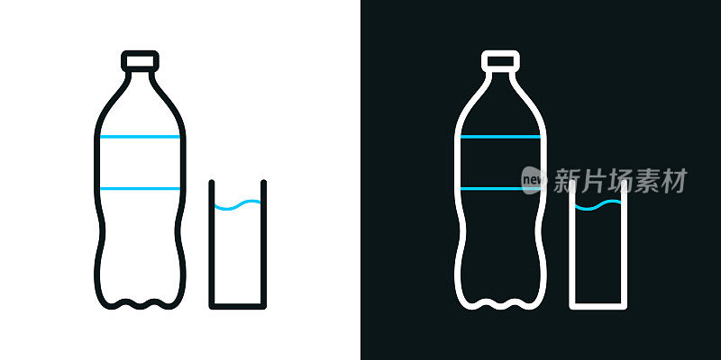 一瓶和一杯苏打水。黑色或白色背景上的双色线条图标-可编辑笔触
